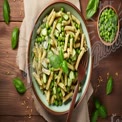 Fresh Pesto Pasta Salad with Peas and Basil on Rustic Wooden Table