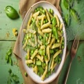 Fresh Basil Pesto Pasta with Peas and Asparagus on Rustic Table