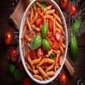 Delicious Penne Pasta with Fresh Tomatoes and Basil on Rustic Wooden Table