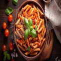 Penne Pasta Deliciosa com Manjericão Fresco e Tomates-Cereja em Mesa de Madeira Rústica