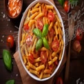 Delicious Pasta Dish with Fresh Tomatoes and Basil on Rustic Wooden Table