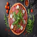 Delicious Gourmet Pizza with Fresh Ingredients and Arugula on Dark Background