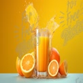 Fresh Orange Juice Splash with Citrus Fruits on Vibrant Yellow Background