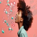 Joyful Woman Blowing Bubbles Against Pink Background - Playful and Creative Concept