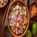 Fresh and Colorful Ceviche with Vegetables and Herbs in Rustic Bowl