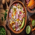 Fresh Colorful Vegetable Salad with Radishes, Avocado, and Lime on Rustic Wooden Table