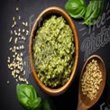 Fresh Basil Pesto in Wooden Bowl with Ingredients: Healthy Cooking, Italian Cuisine, and Culinary He