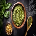 Fresh Basil Pesto in Rustic Bowls with Herbs and Olive Oil