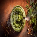 Fresh Homemade Pesto Sauce in Glass Jar with Spoon on Rustic Wooden Background