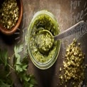 Fresh Homemade Pesto Sauce in Glass Jar with Ingredients