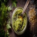 Fresh Herb Pesto in Jar with Spoon and Spices on Rustic Background