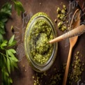 Fresh Homemade Pesto Sauce in Glass Jar with Wooden Spoon and Herbs