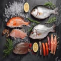 Fresh Seafood Selection with Herbs and Citrus on Slate Background