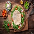 Fresh Salad with Tortilla Wraps on Rustic Wooden Table - Healthy Eating Concept