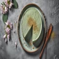 Delicious Matcha Mousse Cake with Floral Accents on Rustic Table