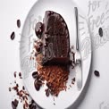 Decadent Chocolate Cake Slice with Coffee Beans and Shavings on White Plate