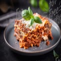 Delicious Homemade Lasagna with Fresh Basil on a Dark Background