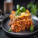 Delicious Homemade Lasagna with Fresh Basil on Dark Background