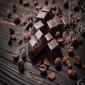 Delicious Dark Chocolate Bars and Cocoa Beans on Rustic Wooden Background