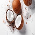 Fresh Coconuts and Shredded Coconut on White Background - Tropical Food Concept