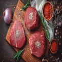 Fresh Premium Beef Cuts with Sea Salt and Herbs on Rustic Wooden Board