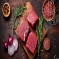 Fresh Raw Meat Cuts with Herbs and Spices on Wooden Board