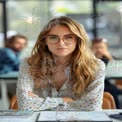 Confident Young Woman in Modern Workspace with Glasses