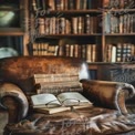 Cozy Reading Nook with Vintage Books and Leather Armchair