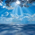 Serene Coastal Landscape with Sun Rays and Blue Sky