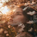 Serene Portrait of a Young Woman Amidst Blossoming Flowers at Sunset