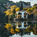 Ruhige Seelandschaftsvilla umgeben von herbstlichem Laub und Spiegelungen