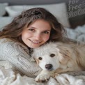 Cozy Moments: Woman Cuddling with Adorable Dog in Bed