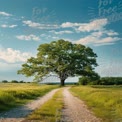 Serene Country Road Leading to Majestic Tree Under Blue Sky