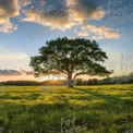 Majestätische Eiche bei Sonnenuntergang in einer üppigen grünen Wiese