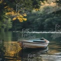 Serene Lake with Rowboat at Sunset - Tranquil Nature Scene