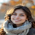 Smiling Young Woman in Cozy Scarf with Autumn Background