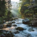 Tranquil Forest Stream with Sunlight Rays in Lush Green Wilderness