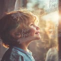 Joyful Child Gazing Out a Window at Sunset - Innocence and Wonder