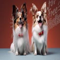 Happy Papillon Dogs with Colorful Collars on Vibrant Background