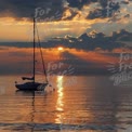 Tranquil Sunset Over Calm Waters with Sailboat Reflection