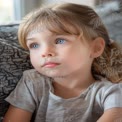 Thoughtful Child with Blue Eyes Relaxing at Home