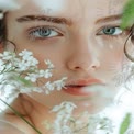 Delicate Beauty: Close-Up Portrait of a Woman Surrounded by White Flowers