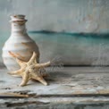 Coastal Decor: Rustic Seashells and Starfish with Vintage Bottle on Weathered Wood