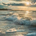 Serene Sunset Over Ocean Waves: Tranquil Seascape with Golden Light