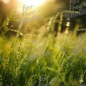 Morning Dew on Lush Green Grass with Sunlight Bokeh