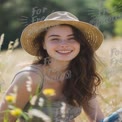 Joyful Young Woman in Sun Hat Smiling in Nature Field