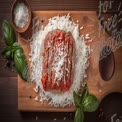 Delicious Homemade Meatloaf with Rice and Fresh Basil on Rustic Wooden Board