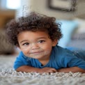 Happy Toddler with Curly Hair Smiling on Cozy Rug