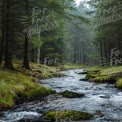 Tranquil Forest Stream: Serene Nature Landscape with Lush Greenery and Flowing Water