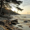 Tranquil Coastal Sunset: Serene Beach with Rocky Shoreline and Pine Trees